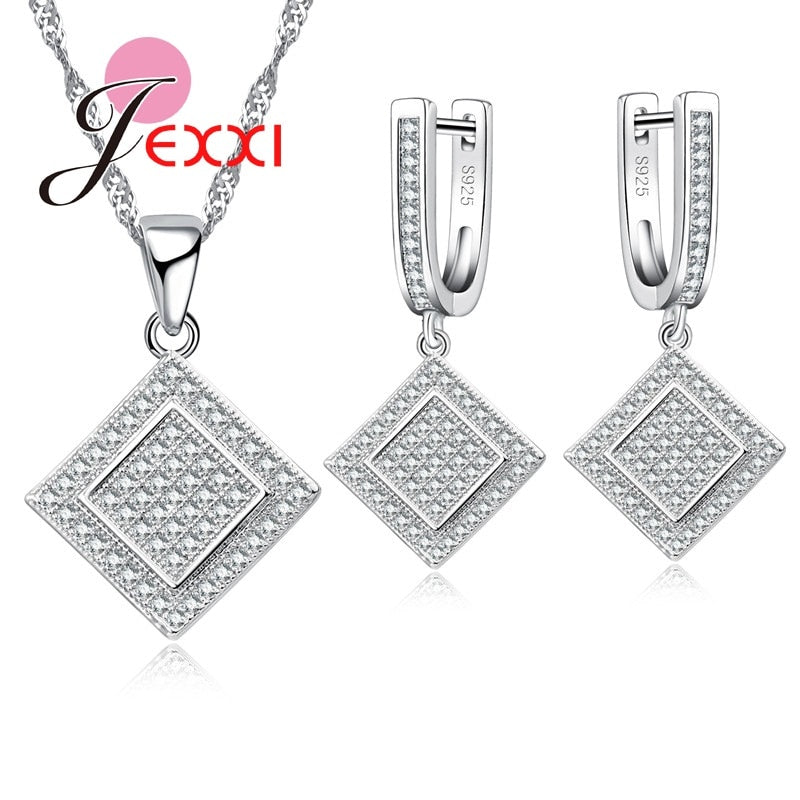 New Fashion 925 Sterling Silver Women Jewelry Square Shape Earring Ring and Pendant Silver Jewelry Sets