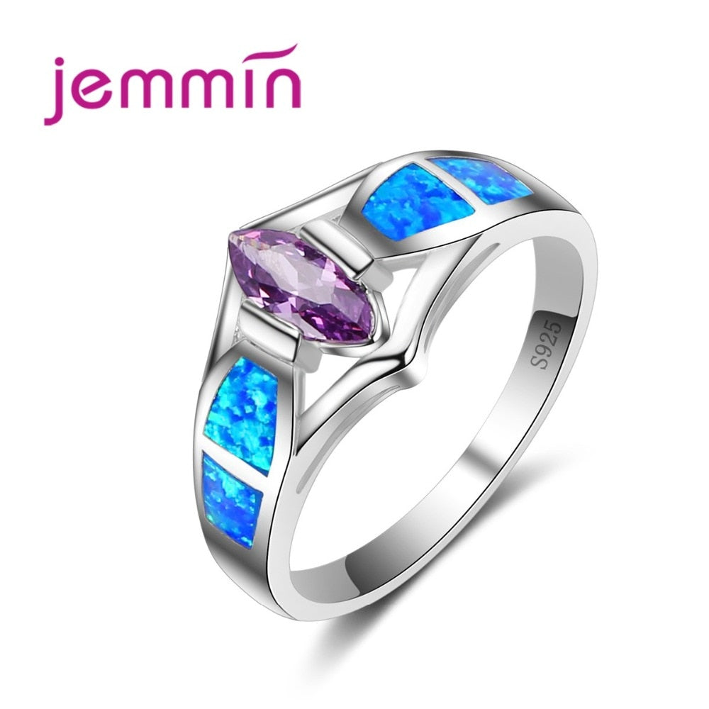 New Oval Purple Crystal Wedding Rings For Brides 925 Sterling Silver Engagement Finger Ring With Blue Fire Opal Stone