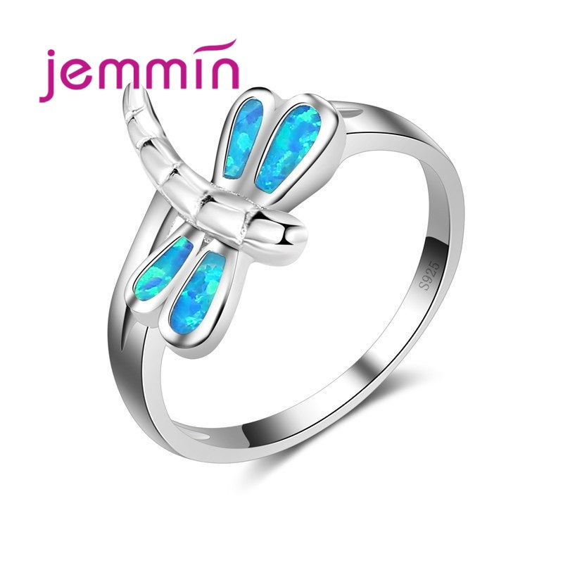New Promotion Dragonfly Shaped Ring 925 Sterling Silver Blue Fire Opal Rings for Women Wedding Sweet Trendy Fine Jewelry