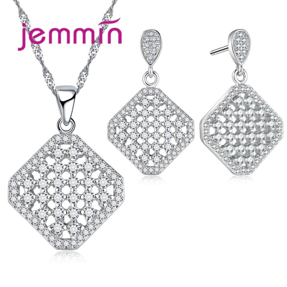 New Simple Geometric Square Shape Hollow Out Full Clear CZ Crystal 925 Sterling Silver Necklace Earrings Sets For Woman