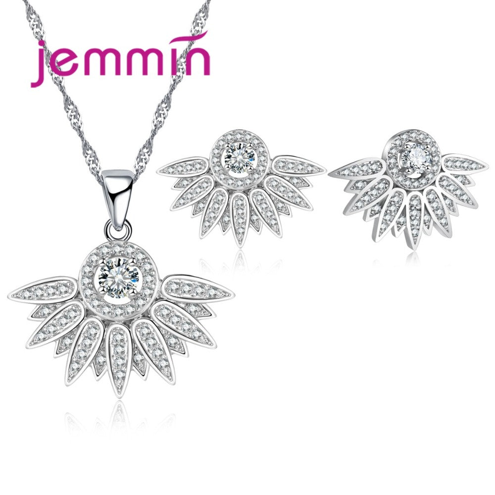 New Wing Design Fine CZ Crystal Stud Earrings Necklace Set For Women 925 Sterling Silver Wedding Jewelry Sets For Brides