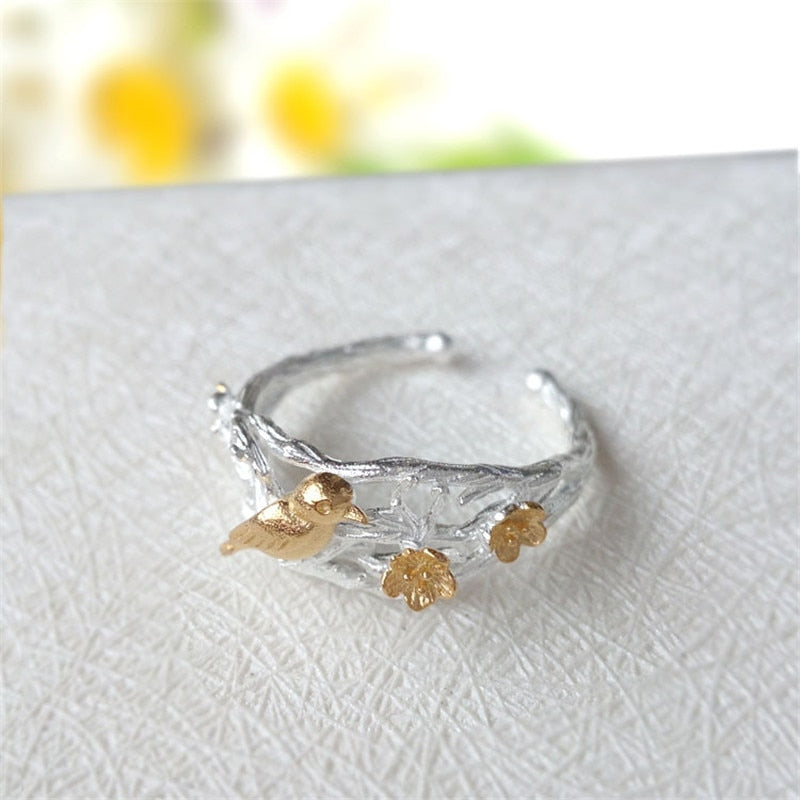 Original Jewelry S925 Sterling Silver Jewelry Plum Blossom Bird Ring Female Retro Opening Creative Silverware