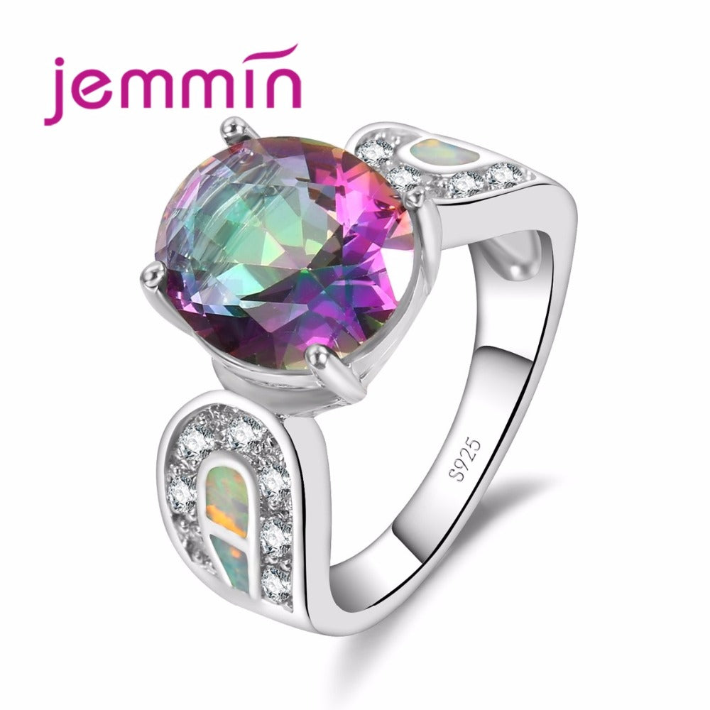 Particular Colorful Opal Loop Design with Big Round Rainbow Crystal Best Jewelry Gift 925 Sterling Silver Ring for Party