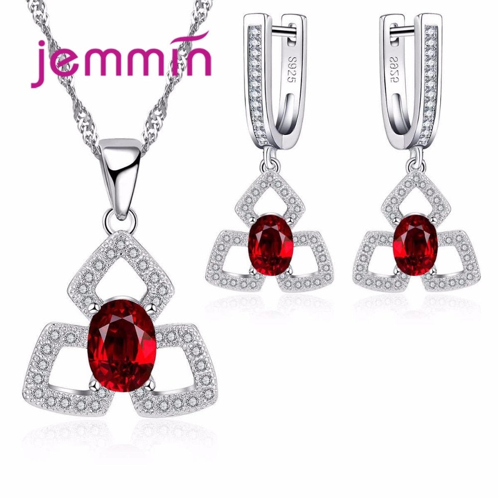 Red Created Garnet CZ Princess Wedding Jewelry Set 925 Sterling Silver Women Earrings Necklace Pendant Fashion Jewelrr