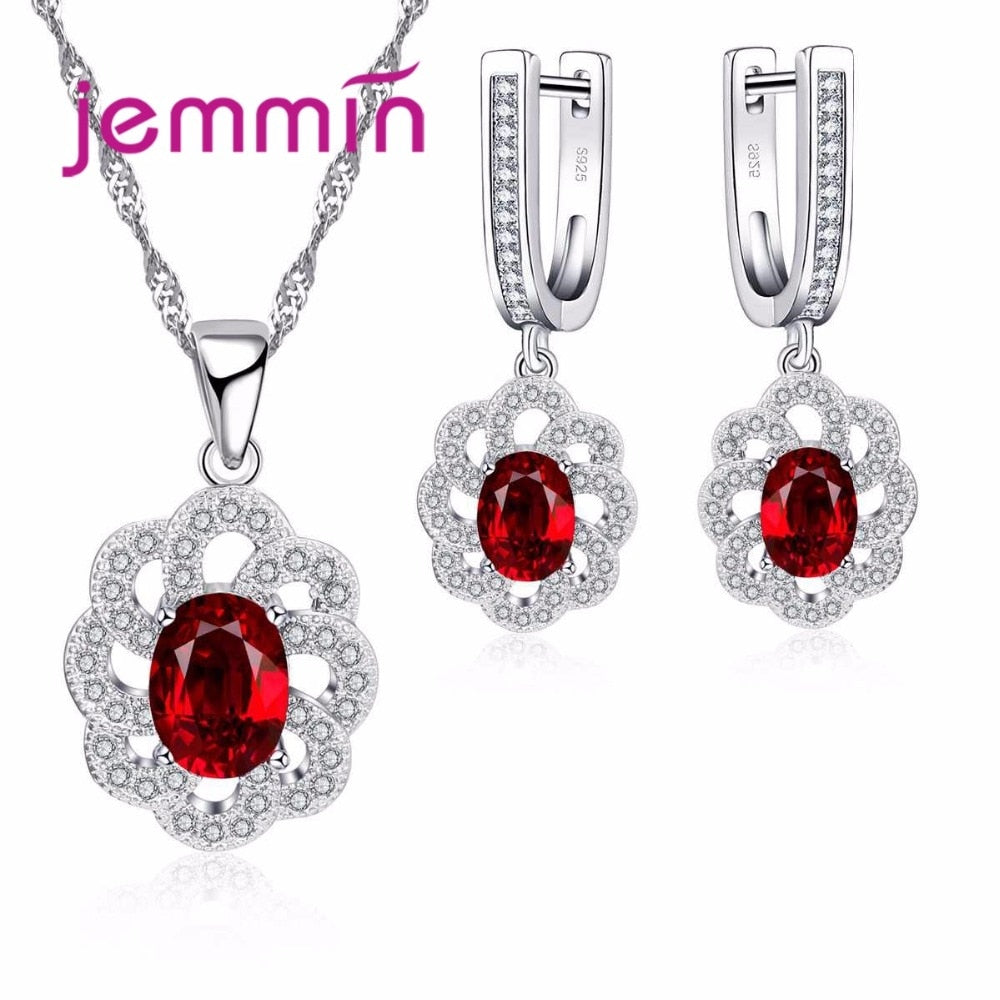 Red Oval Crystal Wedding Jewelry Sets for Women Necklace and Earrings 925 Sterling Silver Jewelry Set Gifts