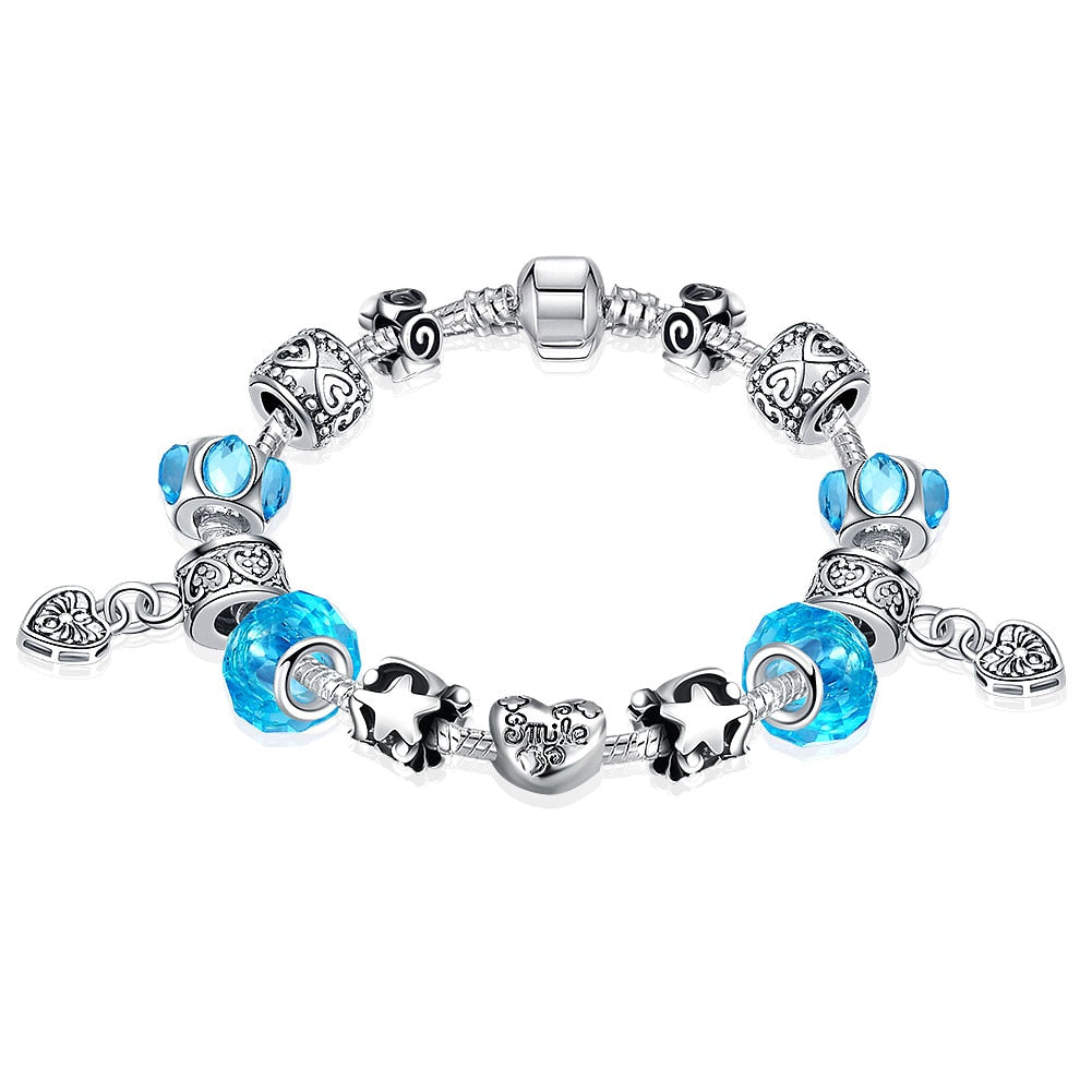 Retro 925 Silver Charm Bracelet for Women Fashion DIY Bell Blue Crystal Beaded Jewelry Bracelets Vintage Antique Silver