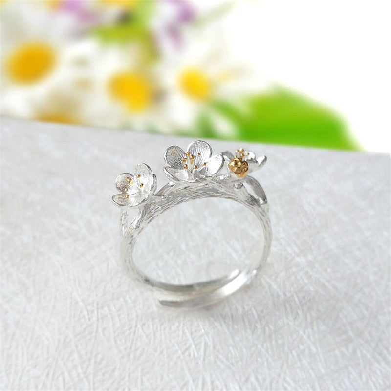 Retro 925 Sterling Silver Ring Adjustable Size Blossom Women Traditional National Style Silverware Ring Fine Jewelry