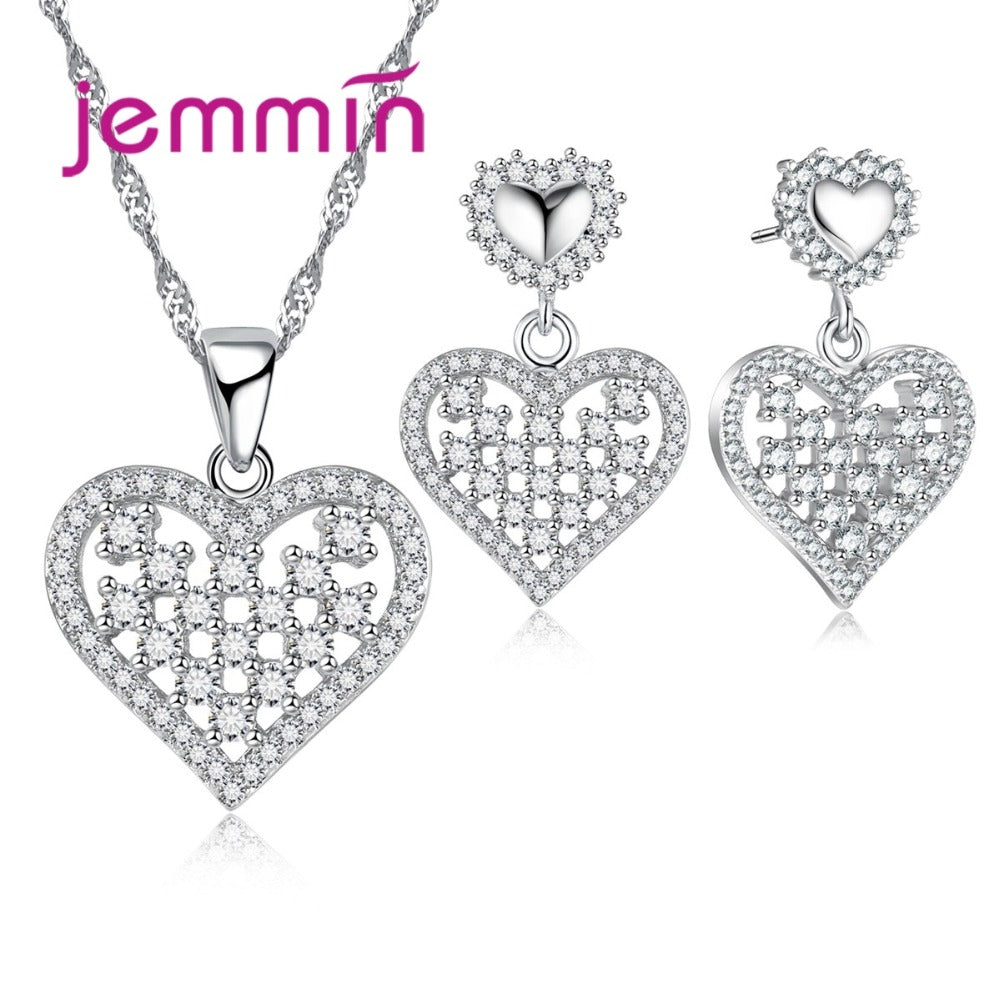 Romantic Heart Crystal Bridal Wedding Jewelry Sets For Women 925 Sterling Silver Pendant Necklace Earrings Set Gift
