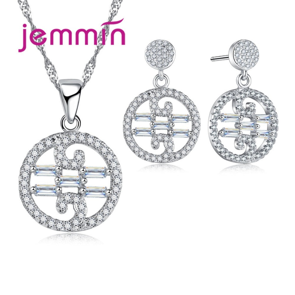 Round Hollow Crystal Anomalistic Pendant Jewelry Set For Women 925 Sterling Silver Wedding Fine Jewelry.