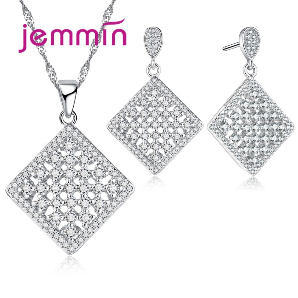 Square Shape Hollow Out Micro Crystal Statement Necklace Earrings 925 Sterling Silver Wedding Sets For Women Jewelry