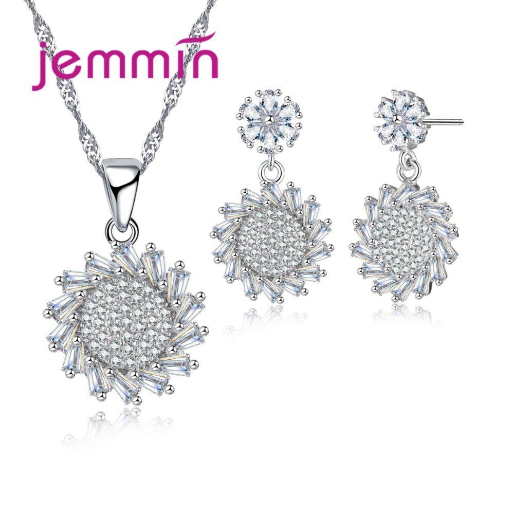 Sunflower Design Fine Clear CZ Crystal Pendant Necklace Drop Earrings Set For Women 925 Sterling Silver Wedding Jewelry