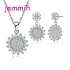 Sunflower Design Fine Clear CZ Crystal Pendant Necklace Drop Earrings Set For Women 925 Sterling Silver Wedding Jewelry