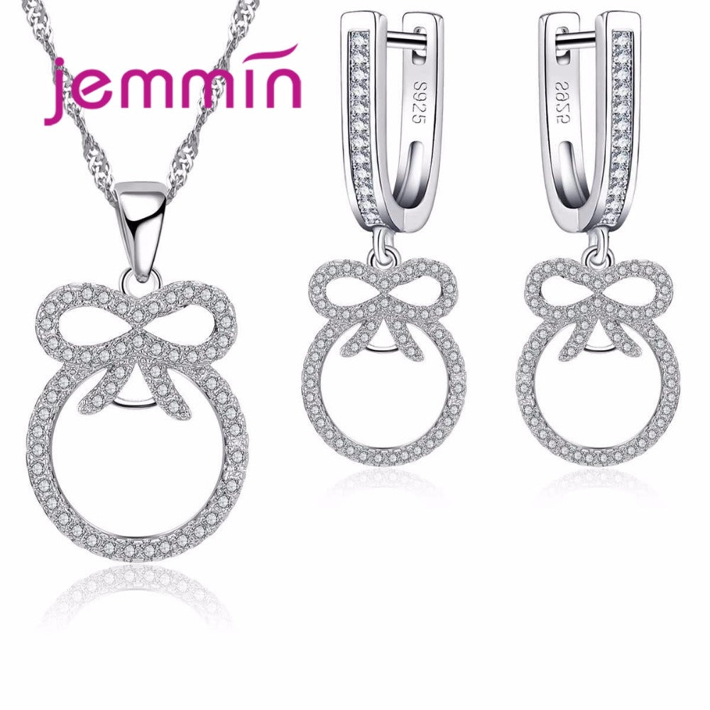 Sweet Bow Tie Round Rhinestone 925 Sterling Silver Pendants Necklaces Earrings Set For Women Girls Party Christmas Gift