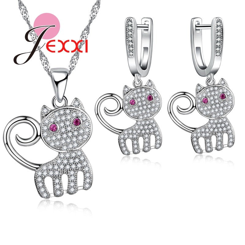 Top Quality Cute Cat Crystal 925 Sterling Silver Jewelry Set For Female Women Necklaces Earrings Bridal Jewellery Sets