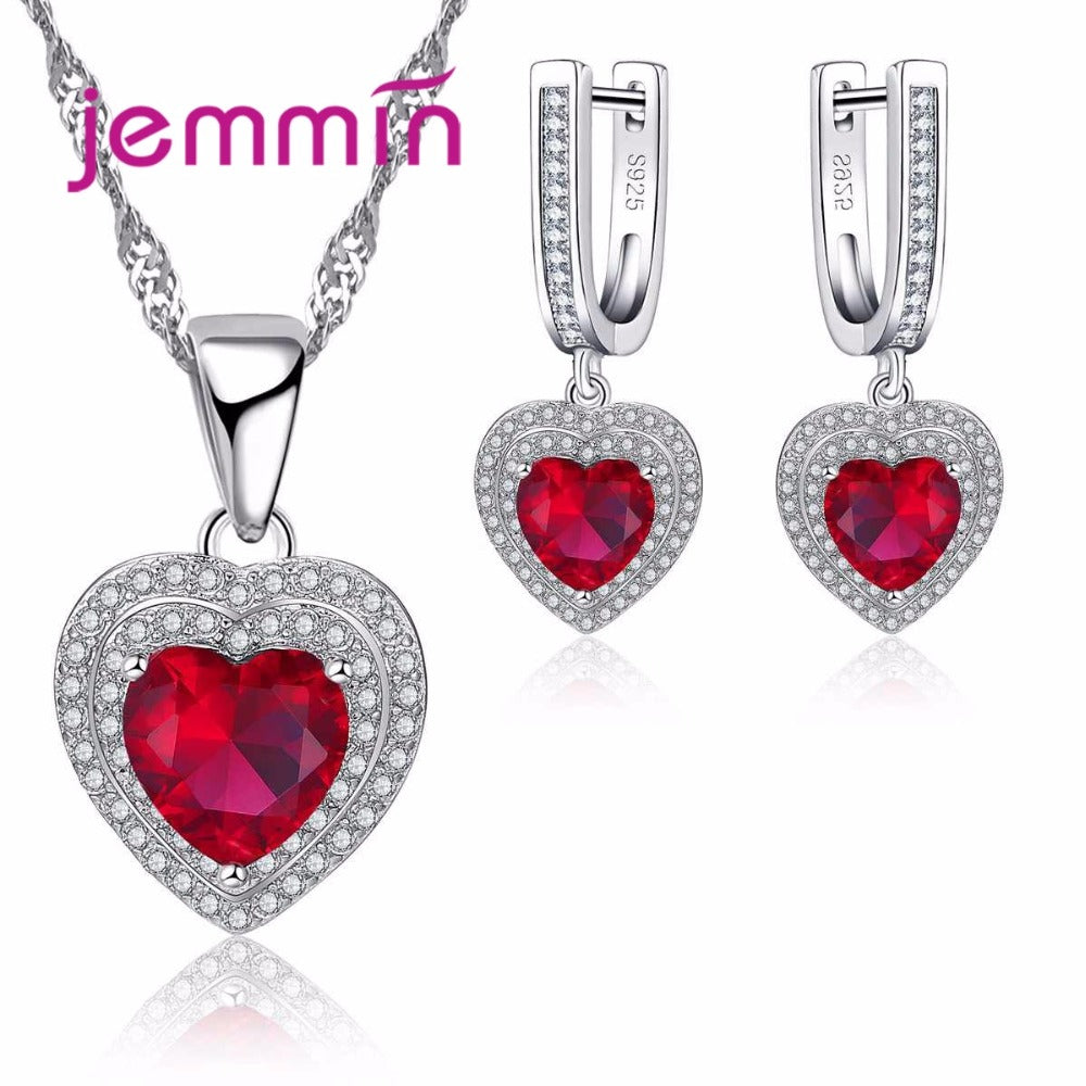 Top Quality New 925 Sterling Silver Heart Ruby Statements Necklace Earrings Wedding Jewelry Sets For Brides Femme Bijoux