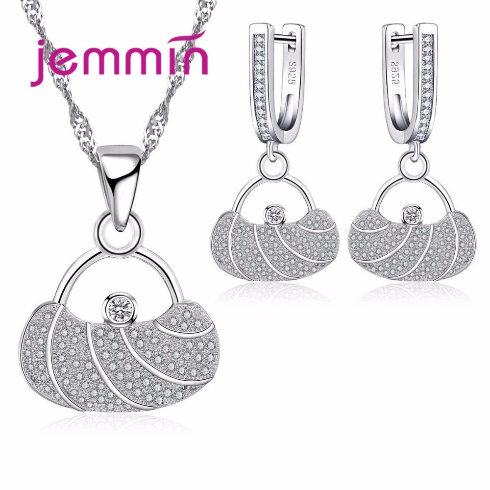 Unique Birthd Party 925 Sterling Silver Fine Fulll Clear Rhinestones Handbag Shape Necklace And Earrings Set For Women