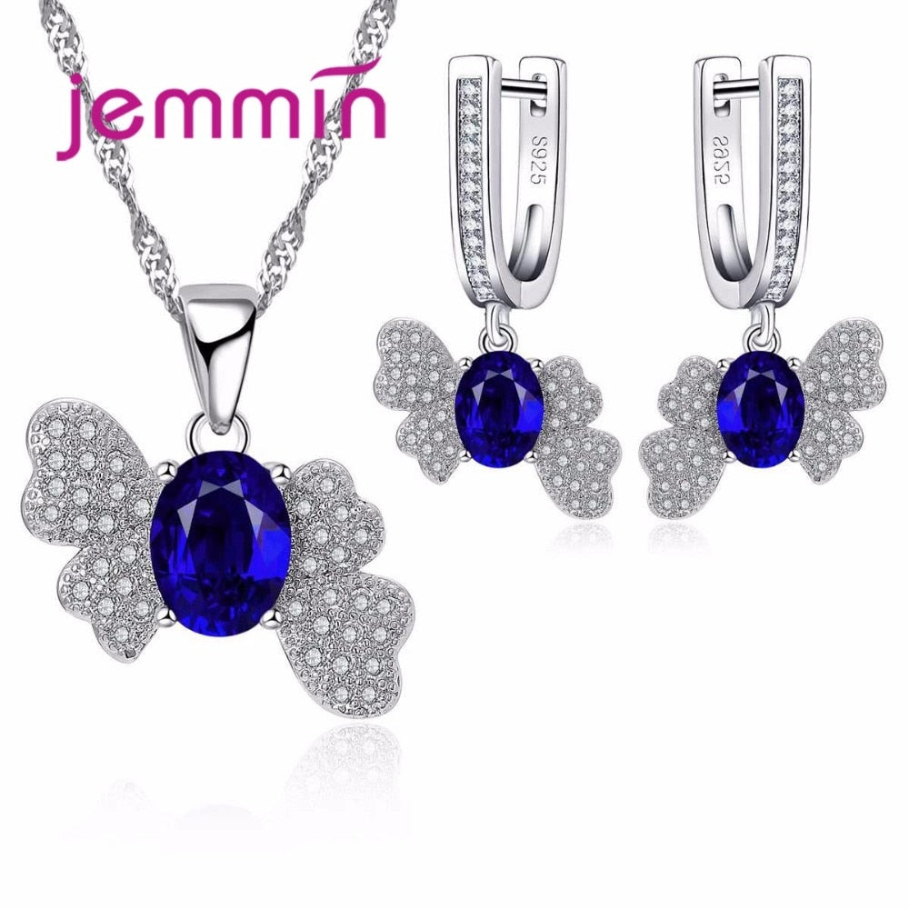 Unique Butterfly with Blue Oval Cut CZ Jewelry Set 925 Sterling Silver For Women Wedding Earrings/Pendant/Necklace