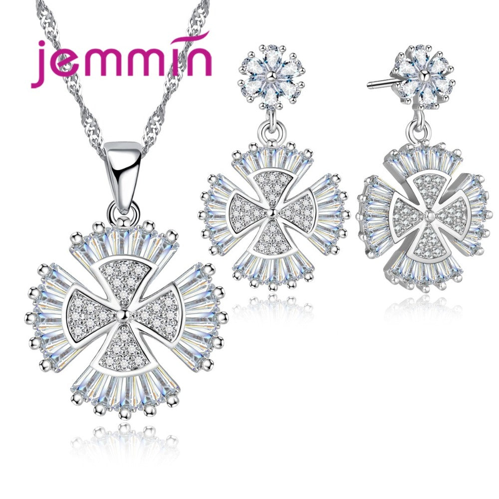 Unique Design 100% 925 Sterling Silver Sets For Wedding Jewelry CZ Crystal Women Pendant Necklace Earrings Set Accessory