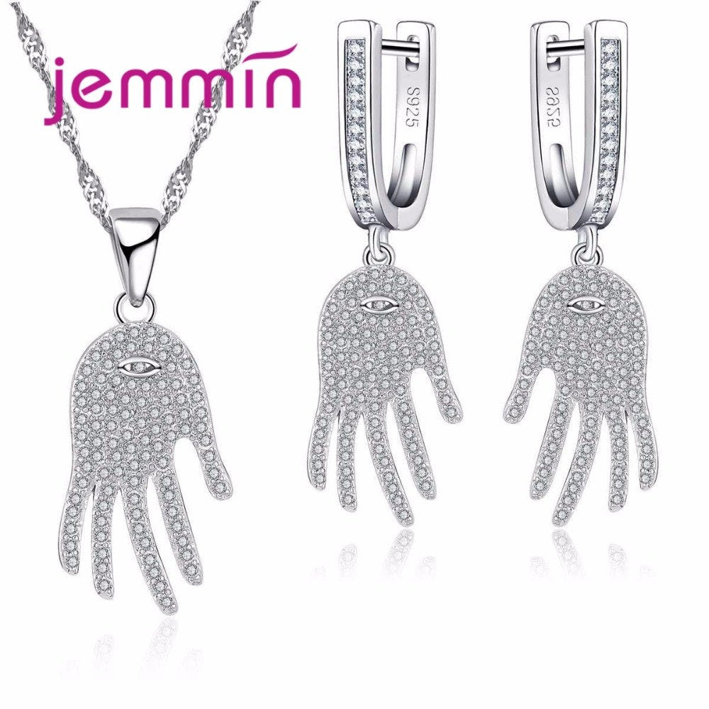 Unique Design 925 Silver Party Jewelry Sets For Woman Girls Full Clear Micro Rhinestone Palm Necklace Earrings Set Femme