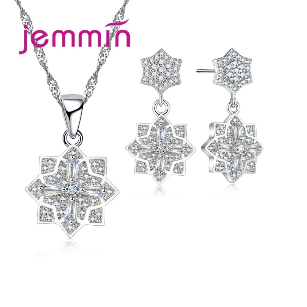 Unique Fine Women CZ Crystal Jewelry Set 925 Sterling Silver Bridal Wedding Sets With Drop Earrings Pendant Necklace Gift