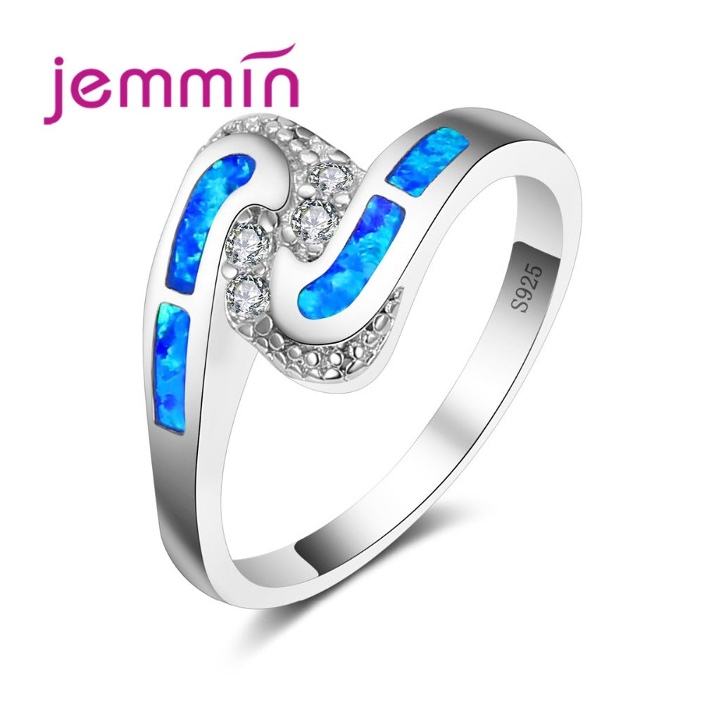 Unique Geometric Design Fine Clear Rhinestone Wedding Engagement Rings For Women Blue Fire Opal 925 Sterling Silver Ring