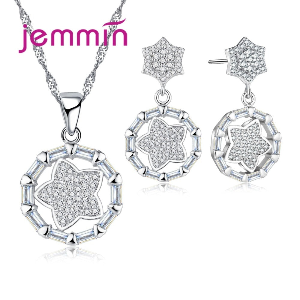 Unique Women 925 Sterling Silver Sets For Wedding Party Jewelry Geometric Star Shape Pendant Necklace Drop Earrings Set