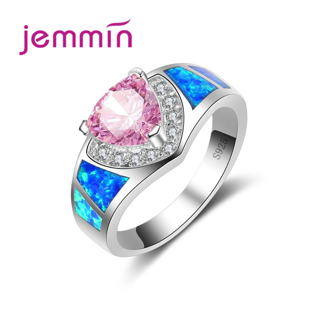 Valentine's D Gift for Girls Lover Stylish Blue Opal Band Pink CZ Crystal Stone Ring Real 925 Sterling Silver Jewelry