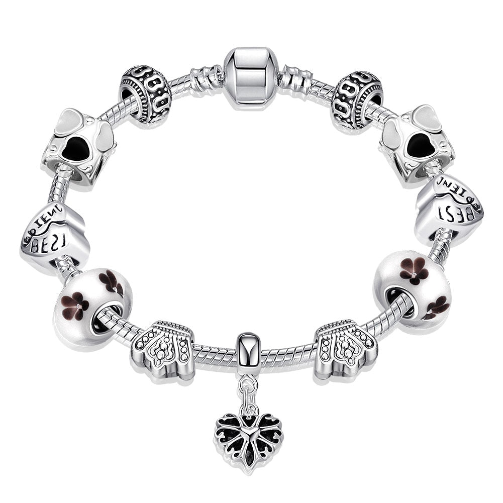 Vintage 925 Silver Charm Bracelet & Bangle For Women With White Murano Glass Beads DIY Birthd Gift