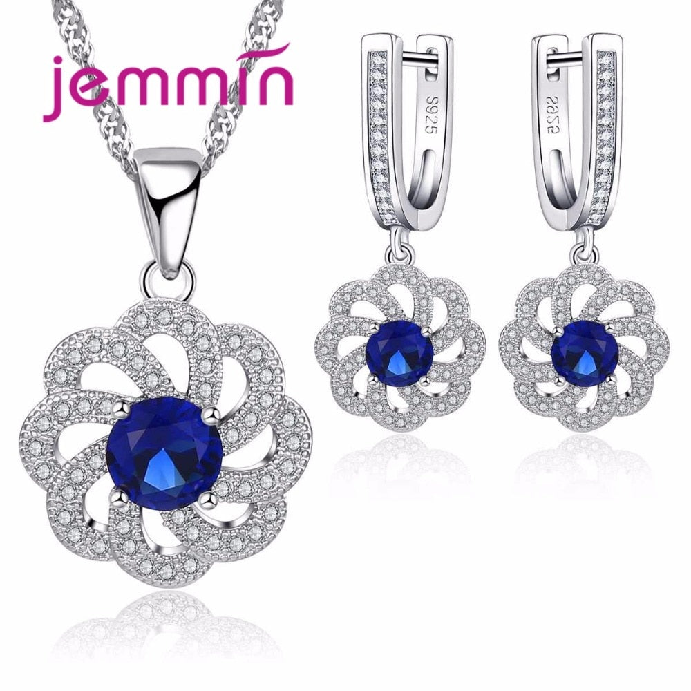 Vintage Blue Austrian Crystal Pendant Necklace Earrings Set For Women Accessory Fine 925 Sterling Silver Jewelry Sets