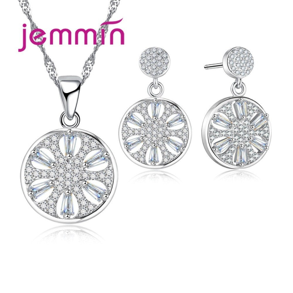Vintage Flower Design 925 Sterling Silver Drop Earrings Necklace Set For Engagement Jewelry Women Crystal Set Bijoux