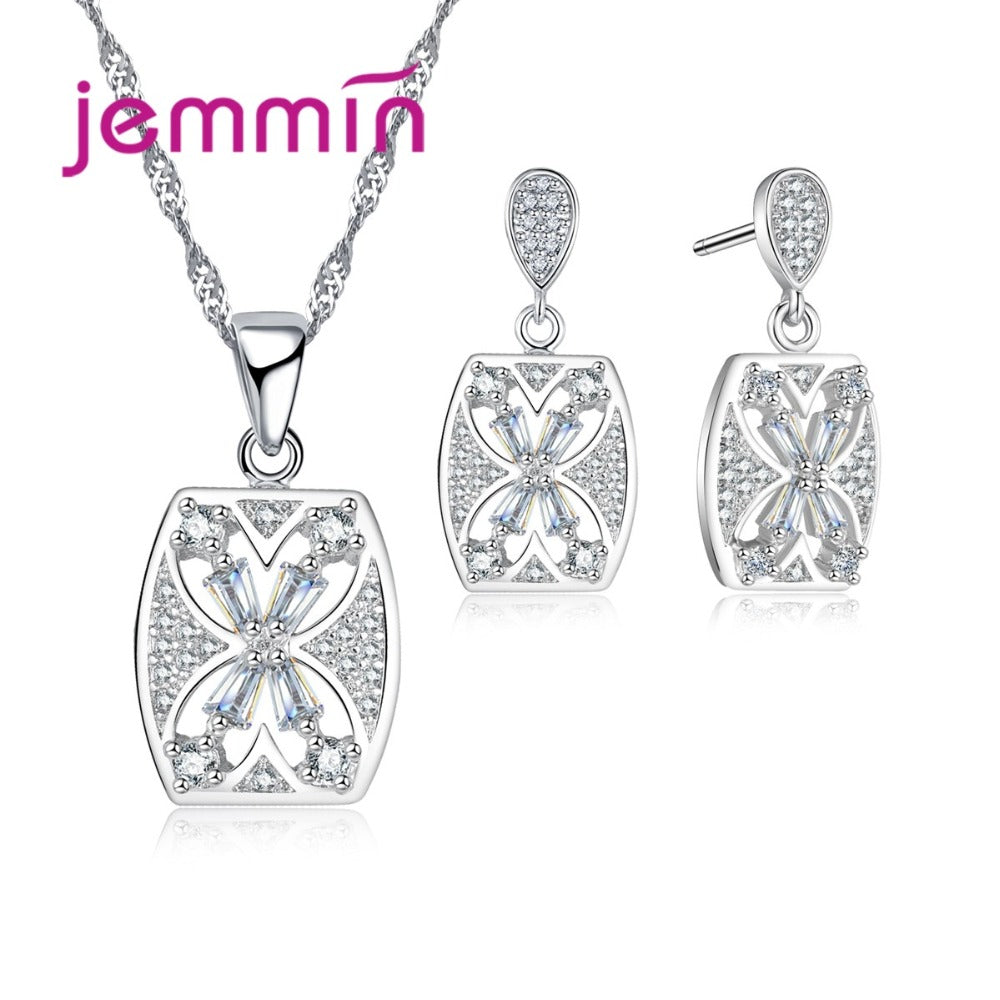 Vintage Hollow Out CZ Crystal Pendant Necklace Drop Earrings Set For Party Women 925 Sterling Silver Engagement Sets