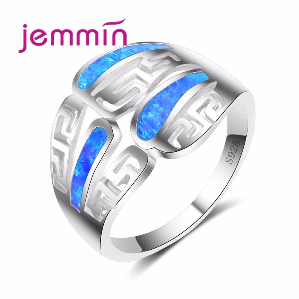 Vintage Women Rings For Party Jewelry Fine Accessory S925 Stamped Blue Fire Opal Sterling Silver Engagement Ring Female