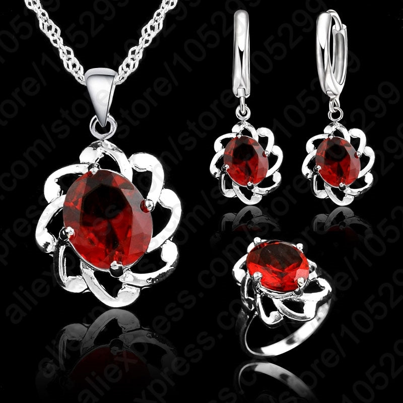Vintage Wonen 925 Sterling Silver Jewelry Sets Hollow Out Austrian Crystal Pendant Necklaces Earrings Ring Brides Set
