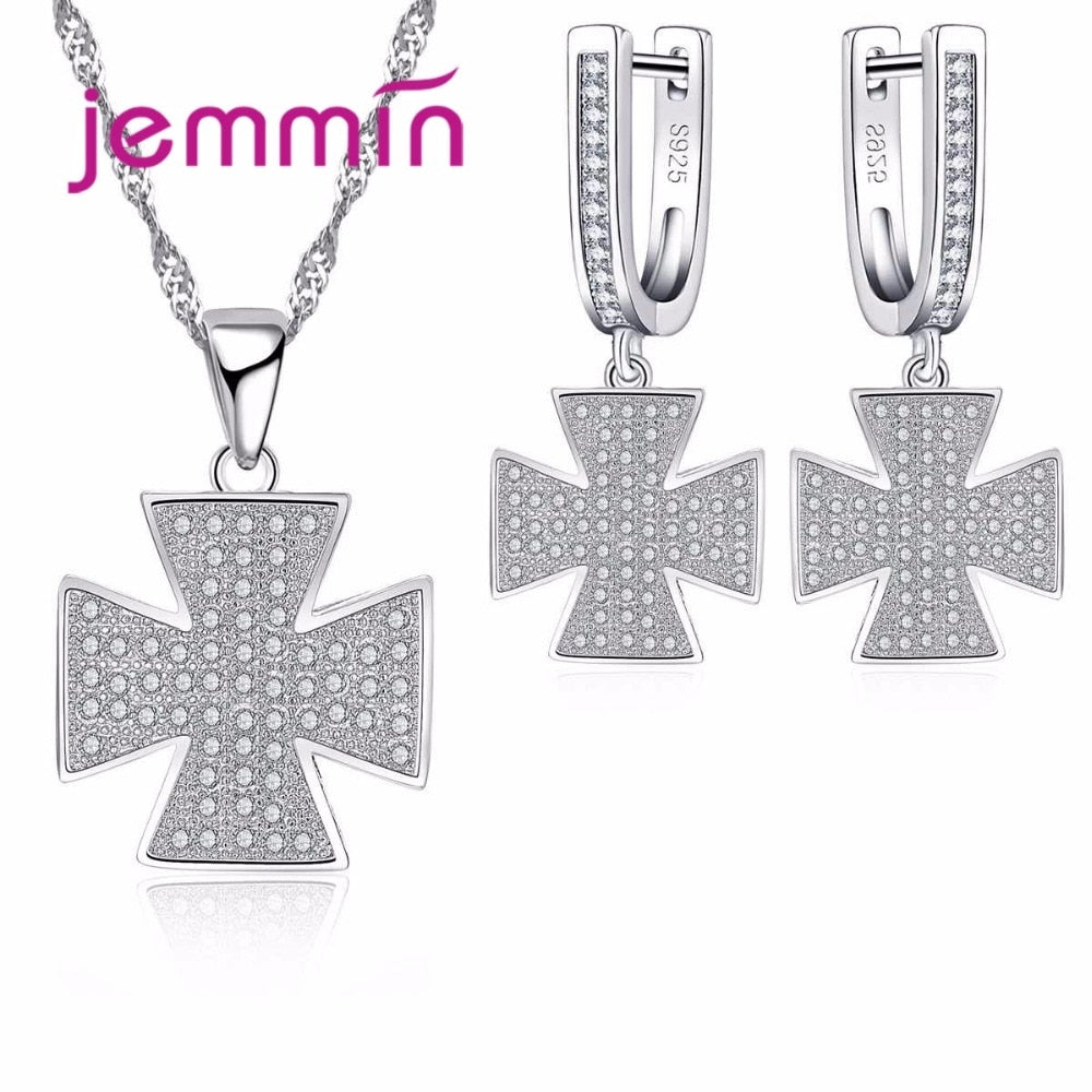 Women 925 Sterling Silver Jewelry Set Geometric Full Clear Rhinestone Pendants Necklace Earrings Sets For Party Accessory