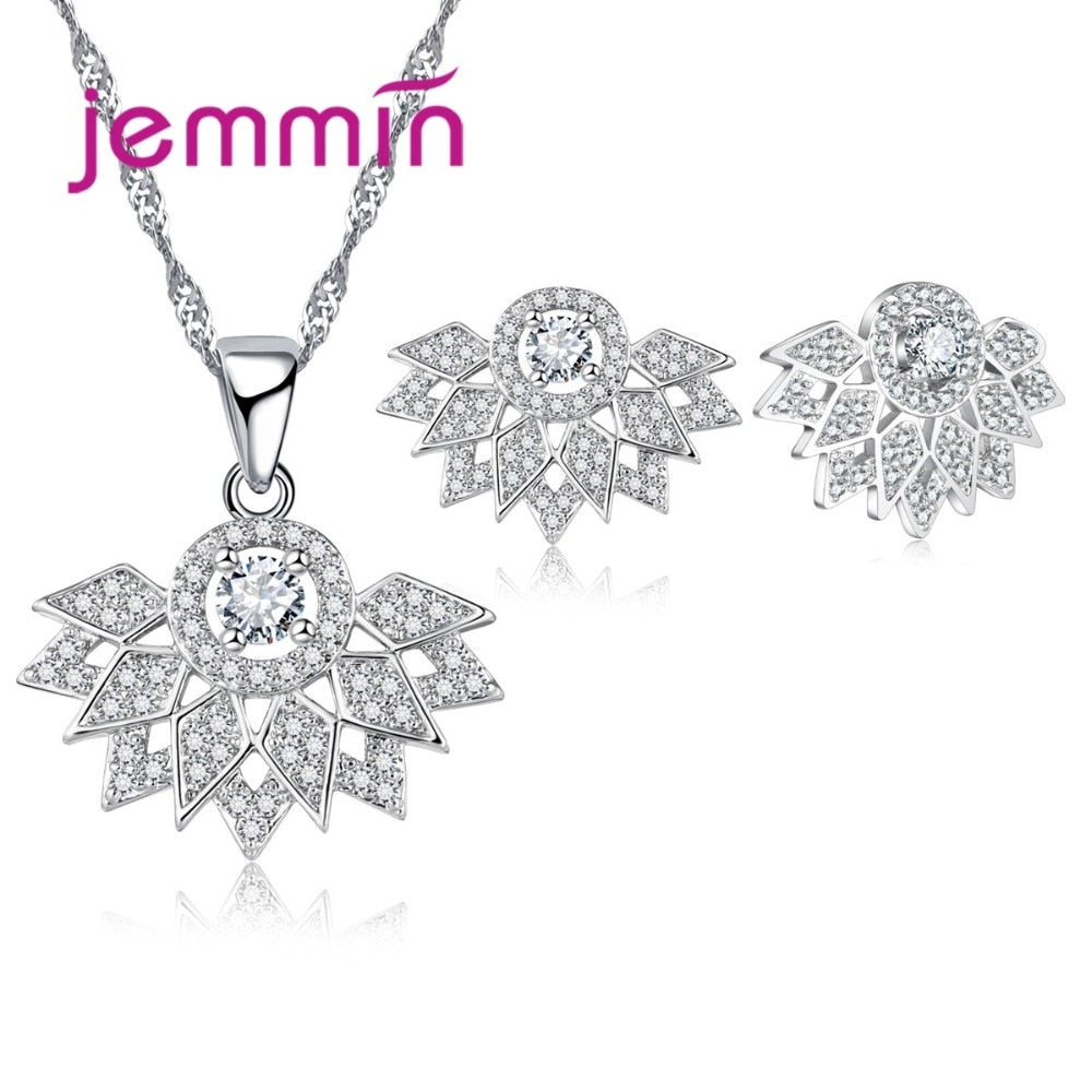 Women Austrian Crystal Pendant Necklace Earrings Jewelry Set Geometric Hollow Out 925 Sterling Silver Sets For Female