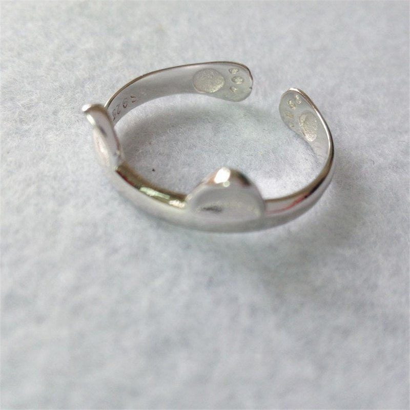 Women Creative Cute Ring Jewelry 925 Sterling Silver Smooth Cat Ear Opening Ring Adjustable Size Fine Jewelry