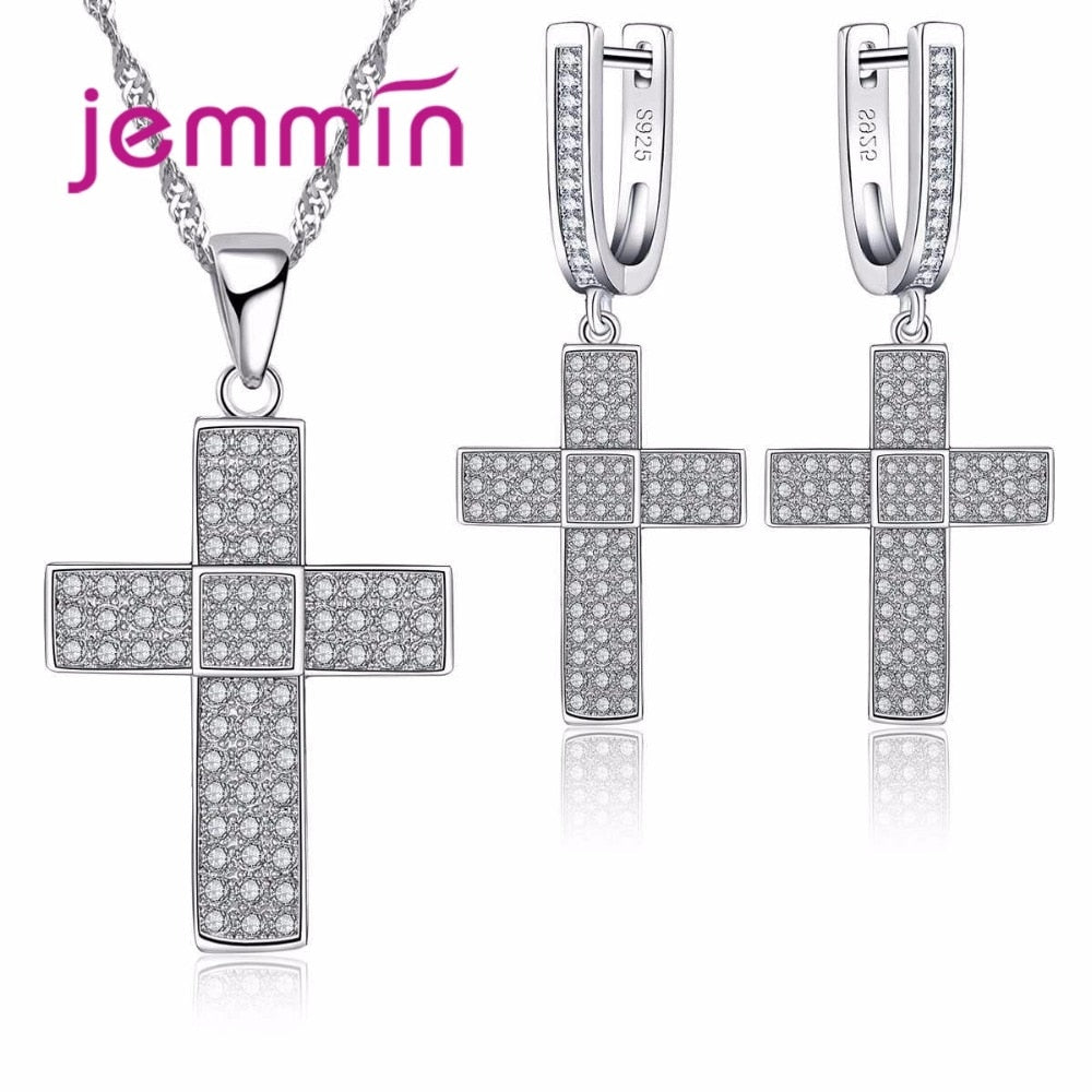 Women Crystal Fashion Earrings Pendant Necklaces Set For Wedding Jewelry 925 Sterling Silver Bridal Jewellery Sets Gift