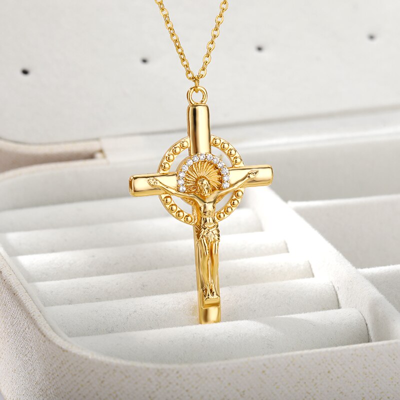 Jesus Cross Necklaces For Women Stainless Steel Gold Color Crystal Cross Pendant Necklace Religious Jewelry Gift collier femme