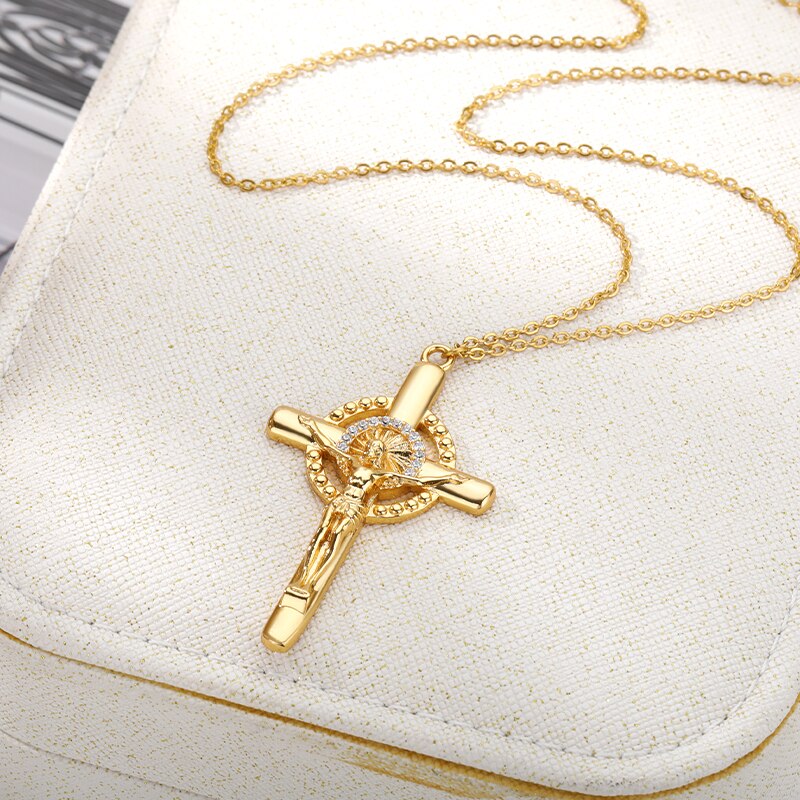 Jesus Cross Necklaces For Women Stainless Steel Gold Color Crystal Cross Pendant Necklace Religious Jewelry Gift collier femme