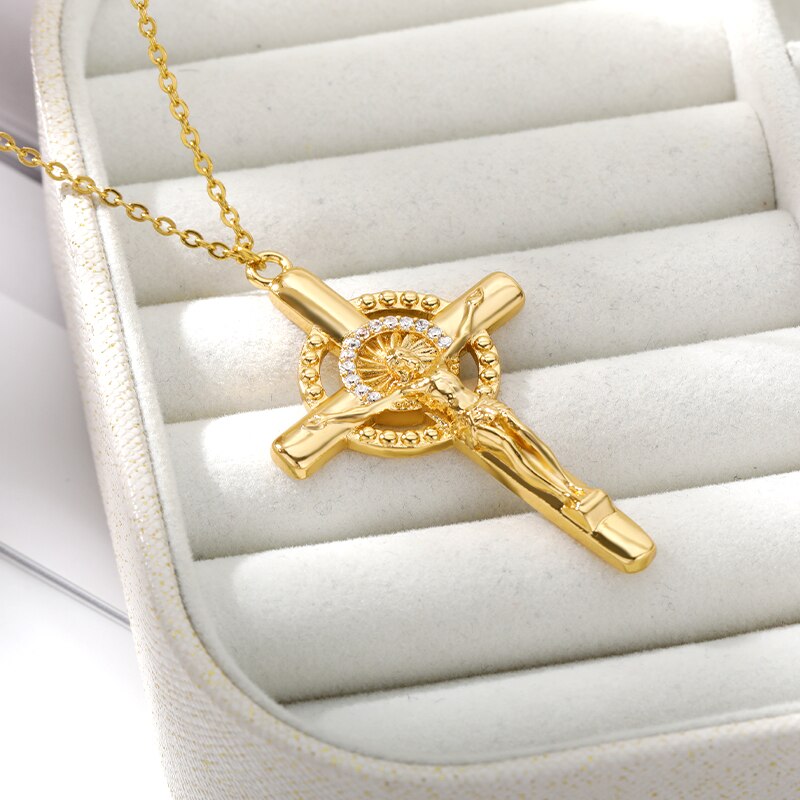 Jesus Cross Necklaces For Women Stainless Steel Gold Color Crystal Cross Pendant Necklace Religious Jewelry Gift collier femme