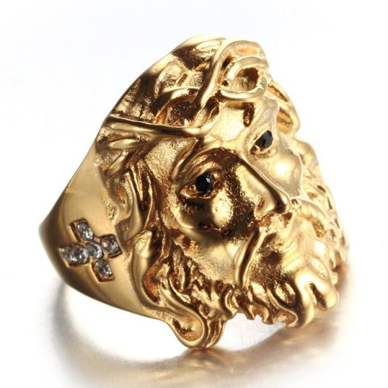 Jesus Head Cross Pattern Ring Men's Ring Crystal Inlaid Metal Accessories Religious Amulet Party Jewelry Size 6-14
