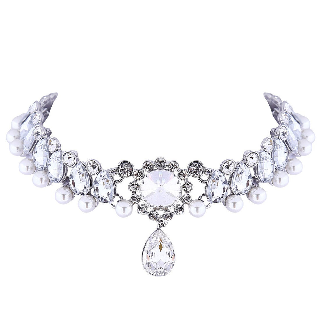 Jewdy Boho Collar Choker Water Drop Crystal Rhinestone Pendant Necklace for Women Vintage Simulated Pearl Statement Maxi Jewelry