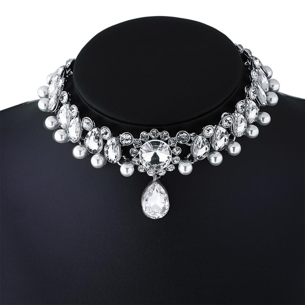 Jewdy Boho Collar Choker Water Drop Crystal Rhinestone Pendant Necklace for Women Vintage Simulated Pearl Statement Maxi Jewelry