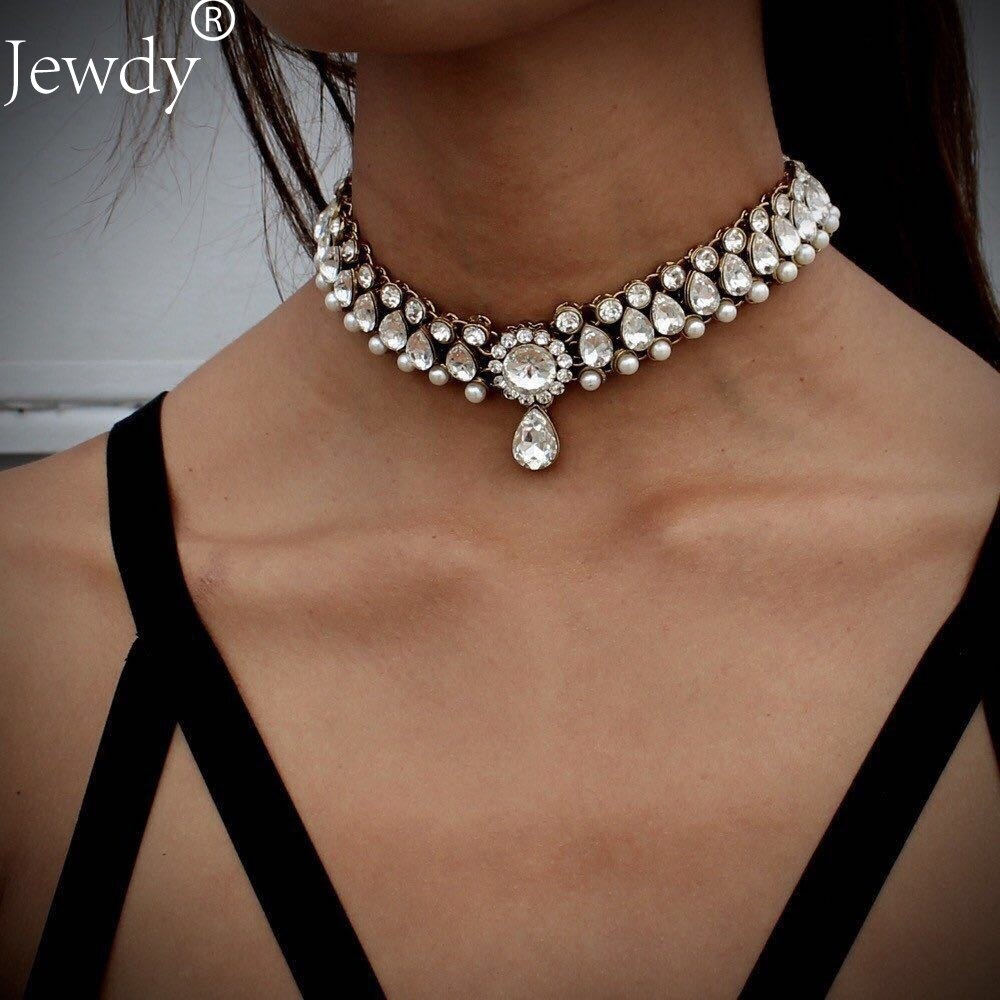 Jewdy Boho Collar Choker Water Drop Crystal Rhinestone Pendant Necklace for Women Vintage Simulated Pearl Statement Maxi Jewelry