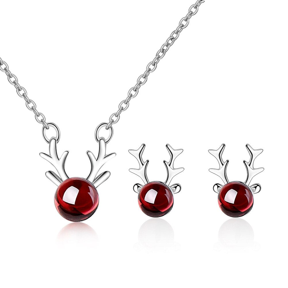 Jewellery Set Garnet Antlers Earrings Necklaces For women 925 Stamp Silver Color Crystal Elegant Party Girl Gift