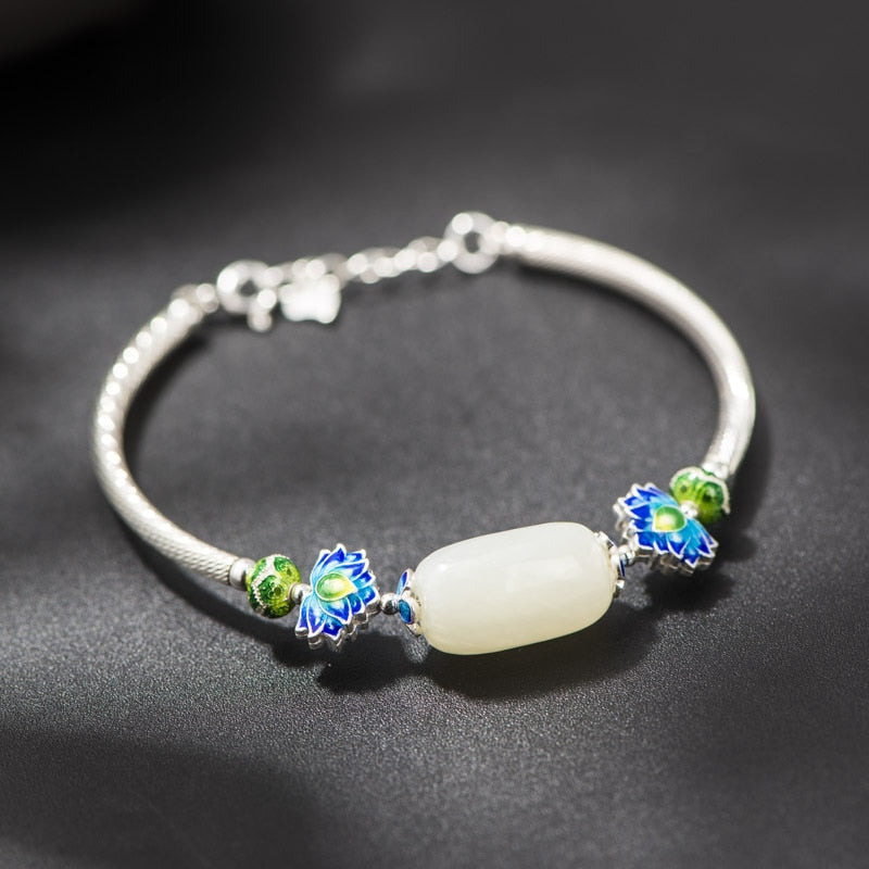 Jewelry 925 Silver Bracelet Cloisonne Enamel Lotus Flower Inlaid Hetian Jade Beads Sterling Silver Bracelet