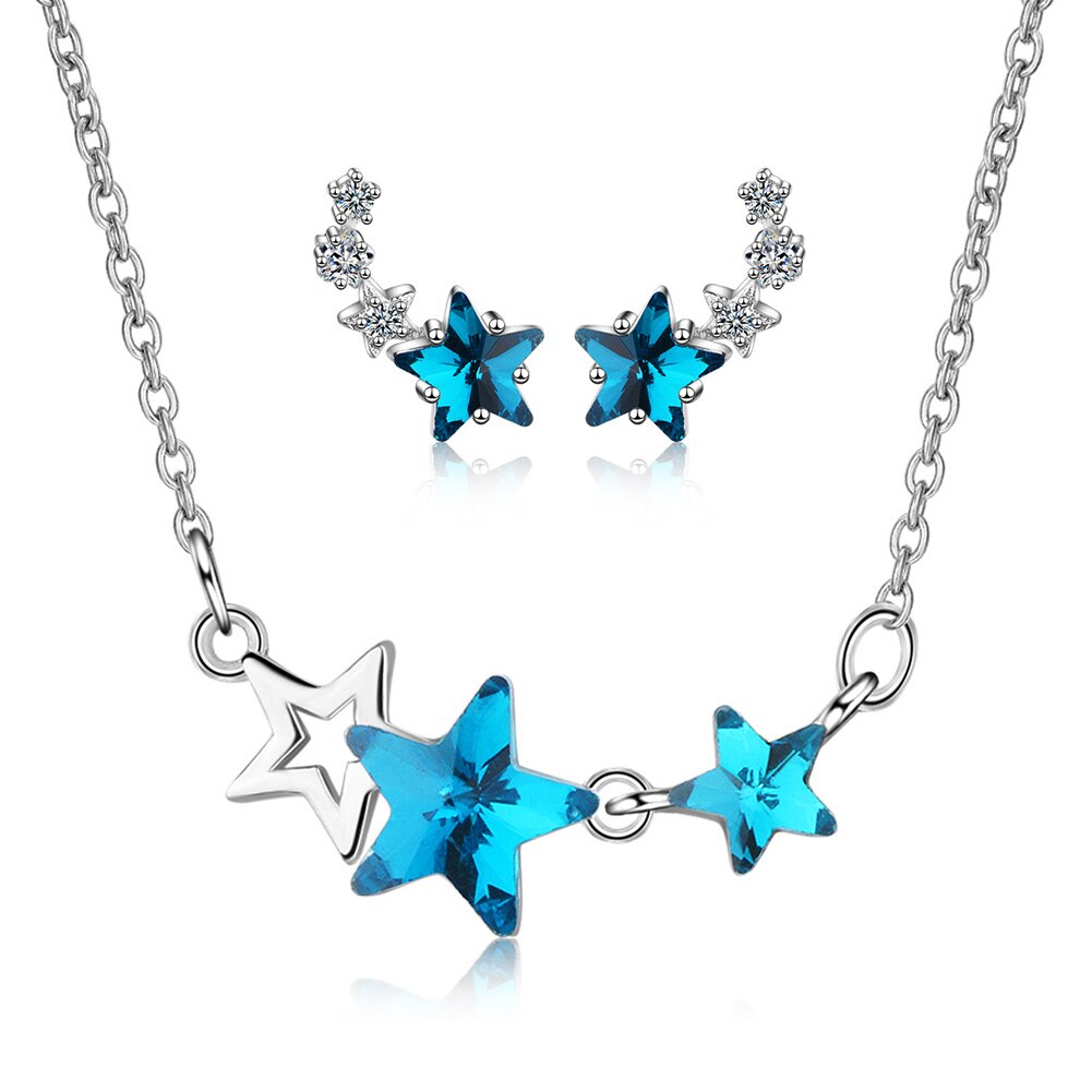 Jewelry For Women Accessories 925 Stamp Silver Color Set Blue Star Crystal  Stud Earrings Wedding Necklaces Party Girl