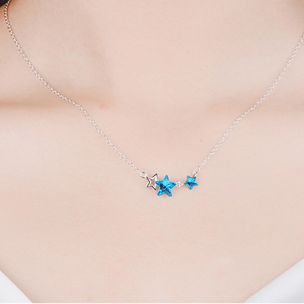 Jewelry For Women Accessories 925 Stamp Silver Color Set Blue Star Crystal  Stud Earrings Wedding Necklaces Party Girl