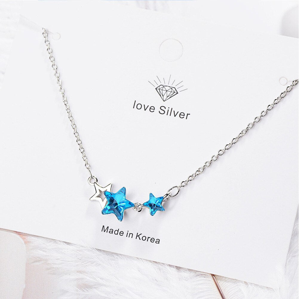Jewelry For Women Accessories 925 Stamp Silver Color Set Blue Star Crystal  Stud Earrings Wedding Necklaces Party Girl