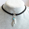 Jewelry Gift Choker Black Brown  Leather Choker Necklace Antique Silver Color Feather Shape Charm  Bohemian Chain Necklace
